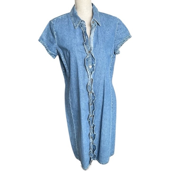Expressions Vintage Denim Shirt Dress Ruffle Button Down Cotton Large - Picture 1 of 15